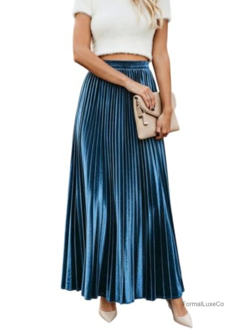 Women's High Waist Pleated Metallic Velvet Maxi Skirt with Pockets